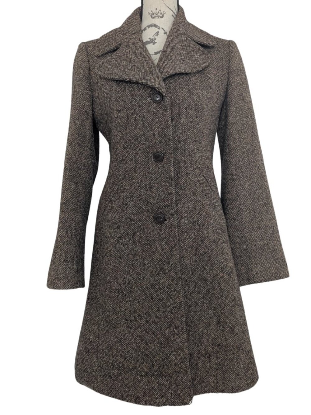 GUESS Brown Tweed Wool Blend A-Line Coat Women's M - Picture 2 of 12